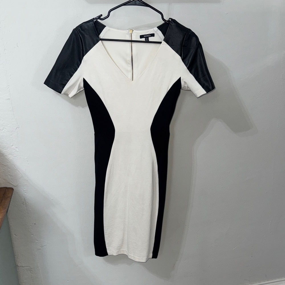 XOXO Monochrome Mini Dress with Faux Leather Accents